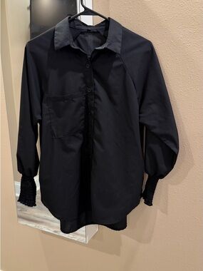 Women's Black Button-Down Shirt with Smocked Cuffs